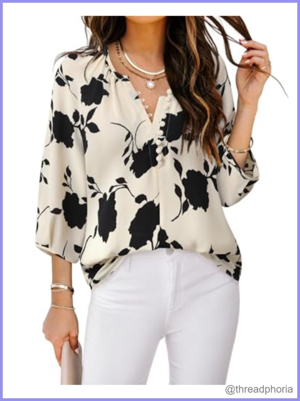 Womens V Neck 3/4 Sleeve Boho Tunic Blouse Button Down Flowy Top